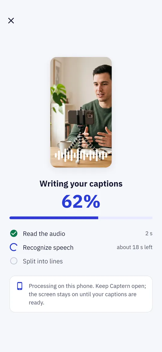 Captions from speech, offline