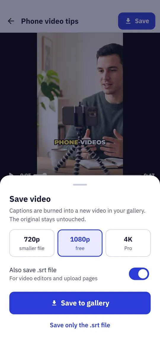 Save a new video and an .srt