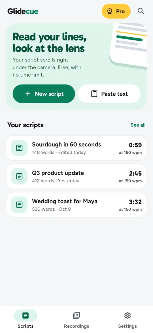 Glidecue screen: Paste or share your script