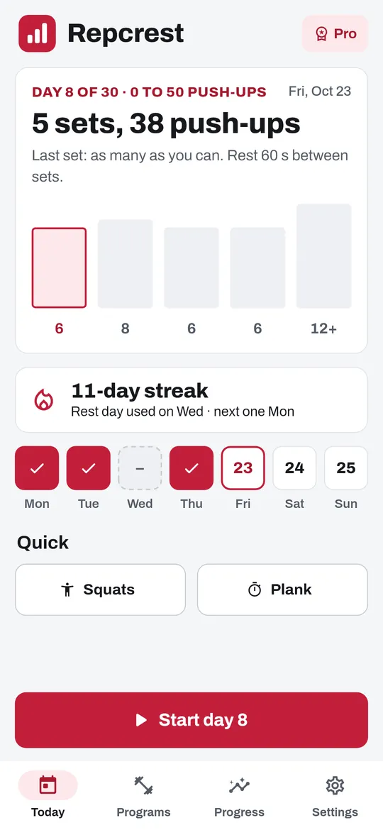 Repcrest screen: The camera counts each push-up