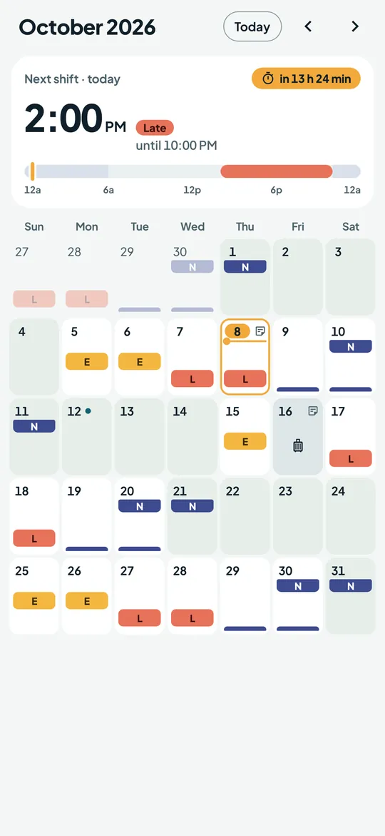ShiftRing screen: Every shift on a 24-hour timeline