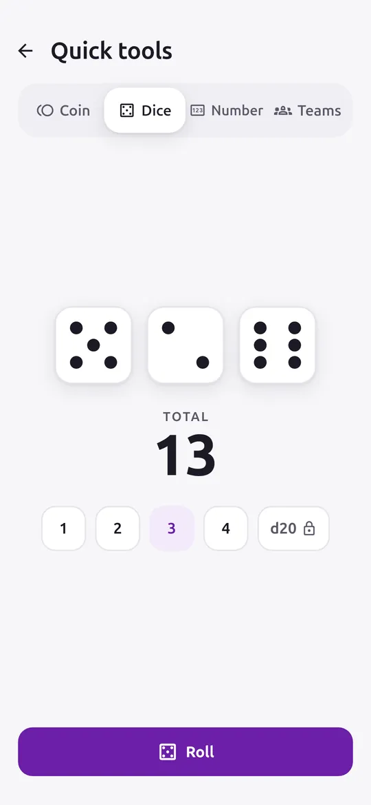 Coin, dice, numbers and teams