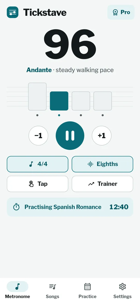 Tickstave screen: Big tempo, one tap to play